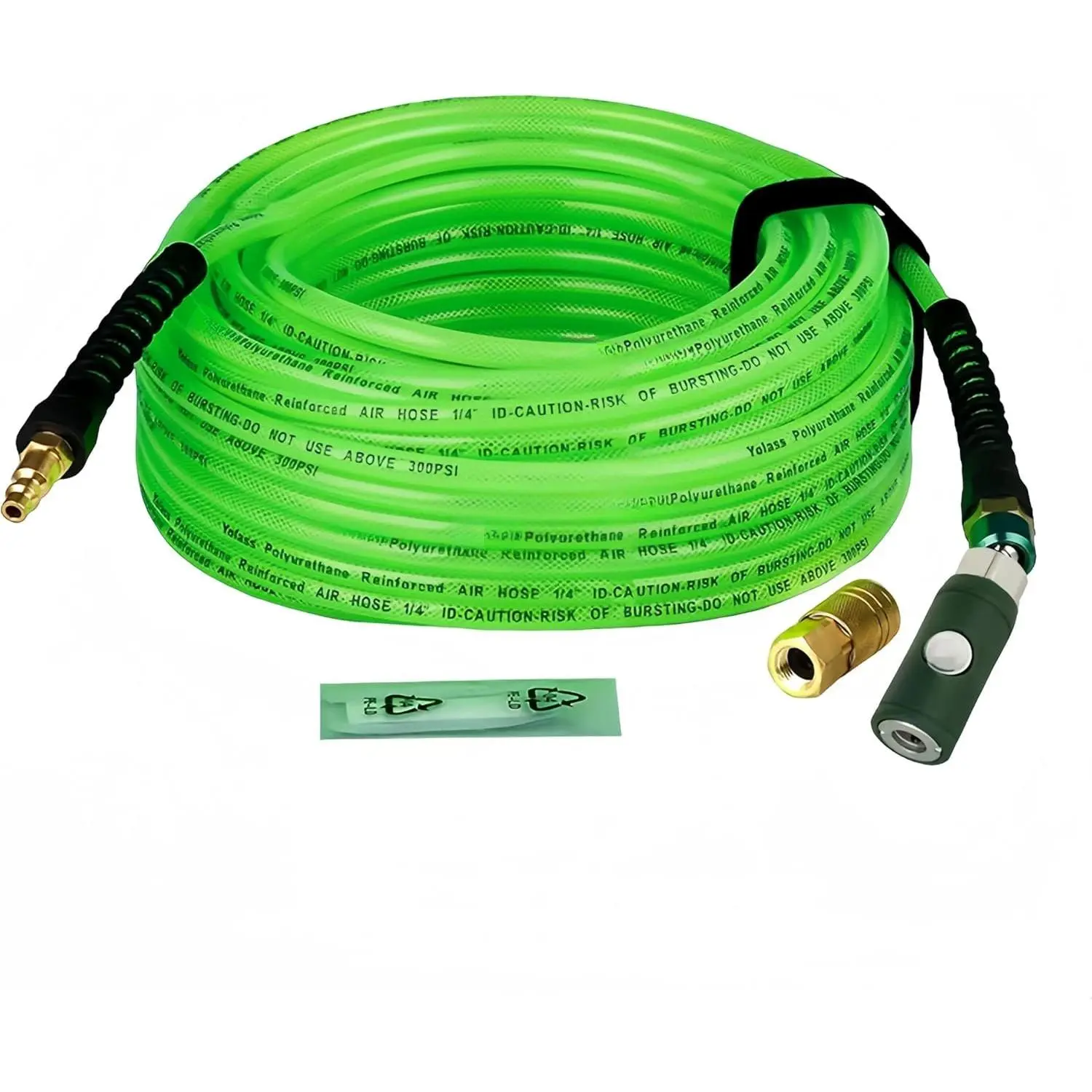 1/4x 100 ft Green Transparent Flexible Reinforced Polyurethane (pu) Air Hose with 1/4" 360 Rotary Coupler and Plug Fitting,Bend Limiter