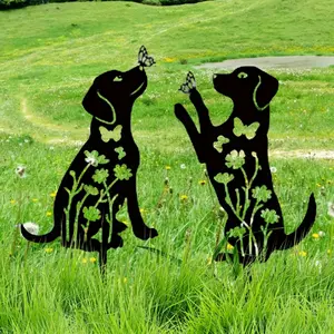 2-Piece 2D Flat Wrought Iron Dog Silhouettes, Outdoor Garden Decor, Iron Artwork, Indoor & Outdoor Metal Garden Stake Home Decoration, Garden Sculptures Statues, Garden Accessories