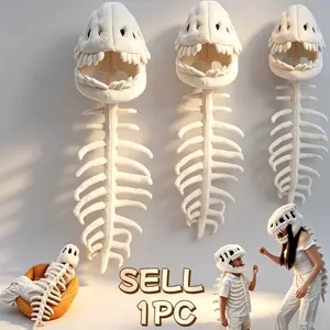 White Dinosaur Skeleton Costume - T-Rex Skull Props for Kids & Adults, Cotton Halloween Party Decor, Includes Tombstone Hat