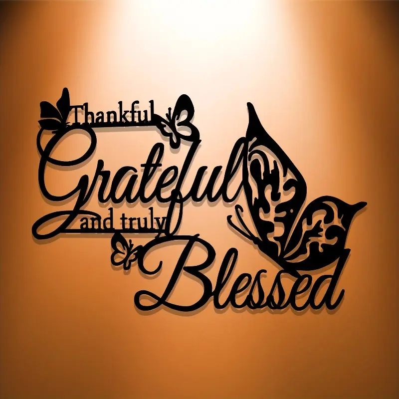 2D flat metal wall decoration -1 piece of black butterfly pattern and "Gratitude and Blessing" slogan, elegant artistic 2D sculpture, suitable for bedrooms, living rooms, kitchens, offices, courtyards - inspirational home decoration, Wall Art Decor