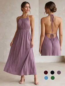 Women's Open Back Spaghetti Strap Beach Maxi Dress Loose Flowy Vacation Sundress Backless Cami Dress Sleeveless Long Cami Lounge Dress for Indoor Summer Wear