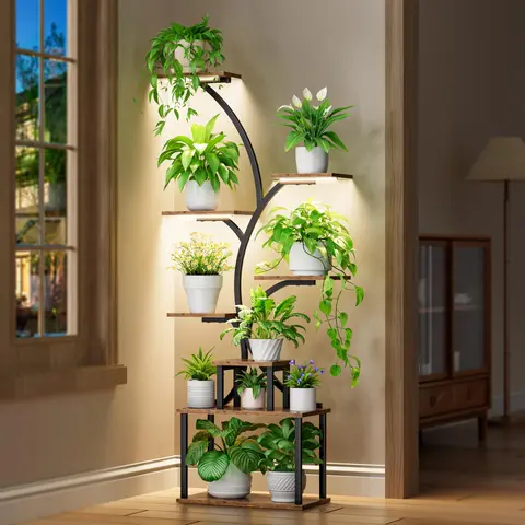 BACEKOLL 8-Tier Tree-Shape Indoor Outdoor Planter Stand - Anti-Rust Painted Steel Wood Vertical Organizer with Adjustable Grow Lights, Wall-Secure Straps, 10.3" Saves Floor Space, Holds Books, Pots, Decor for Living Room