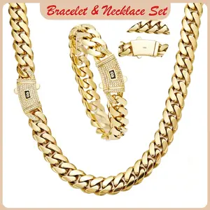 14K Gold-Plated Cuban Link Chain and Bracelet Set - PVD Anti-Tarnish Technology, Hypoallergenic and Water-Resistant Hip Hop Jewelry, Gift with Eternal Shine for Men