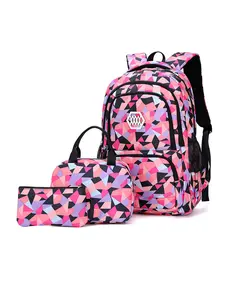 3pcs Set Backpack for Girls, Includes Lunch Bag and Pencil Case, Cute 16 Inch Laptop Bookbag, Ideal for Students, Blue Set, Geometric Pattern Backpack
