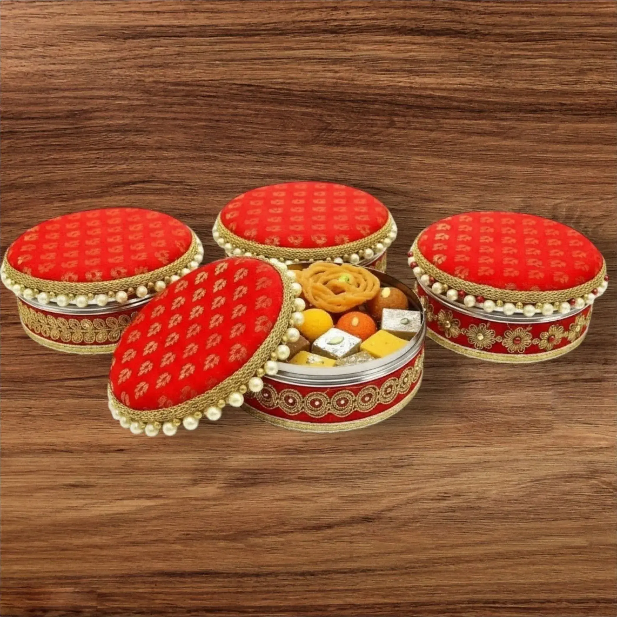Cherished 4 Ct Stainless Steel Ladoo Boxes | Vibrant Festival Gift Set for Diwali, Holi, Rakhi | Elegant, Versatile, Timeless Keepsake, Portable Snack Container, Reusable Snack Box, Set Of Four