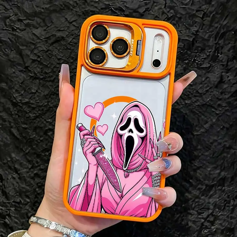 Transparent Magnetic Phone Case With Orange Lens Frame Kickstand, Cool Halloween Print Of Pink Ghostface, Hearts And Dagger, Compatible with iPhone 17 Pro Max,16,16 Plus,15,14,13,12, Ideal Holiday Gift