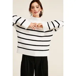Ivory Striped Mock Neck Sweater