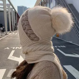 Winter New Warm Hat Scarf Set Women Lady Plush Pompom Crochet Pullover Cap Popular Thick Windproof Warmer Hat Scarves