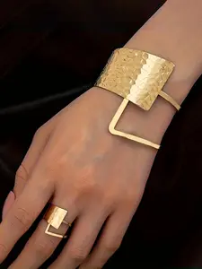 Vintage Metal Style Bracelet & Ring Set, Adjustable Hollow Geometric Design, Creative Hammered Texture Jewelry Gift for Women, Trendy Jewelry Set