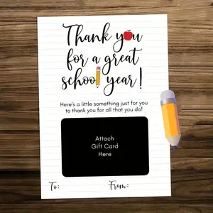 5 Pack End-Of-Term Teacher Thank-You Cards, Gift Card Slot Design, Apple Pencil Illustration, Perfect for Parents/students, Surprise Cards