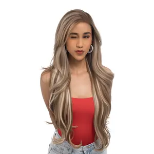 28-Inch Light Neutral Brown (Full-Length Ash Blonde Highlights) Layered Undone Curl Waves Futura Synthetic Wig | 【Free-part Lace】【Heat Resistant】【Cap Included】 | FSGA