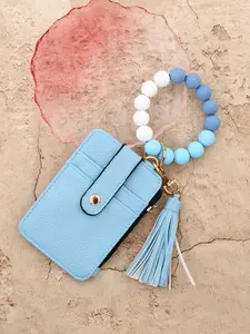 1ps,Solid Color Leather Fashionable Card Holder, Silicone Bead Bracelet Keychain, Women's Mother's Day Gift, Simple Fashion Wallet, All Seasons