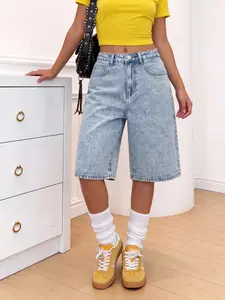Teen Girl Y2K Retro Washed Pocket Design Loose Bermuda Denim Shorts, Perfect for Summer Chill, School, Campus, College, Boho Style