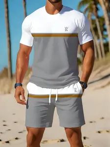 Men's Colorblock Short Sleeve Set, Summer Casual Sportswear Two-Piece, Fashion Simple Beach Wear, Contemporary Fitted Style, Casual Sportswear Outfit