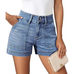 Women's High Waisted Denim Shorts 2026 Casual Summer Hot Short Jeans Vintage Patch Pocket Jeans Shorts