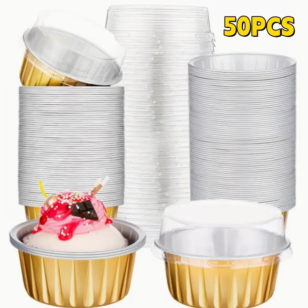 50-Pack Sturdy Disposable Yellow Round Air Fryer Aluminum Foil Bowls with Lids - Waterproof Oven-Safe Bakeware Dishes, Reusable Mini Cake Containers, Mold-Resistant Baking Cups for Camping Camp Kitchen Use