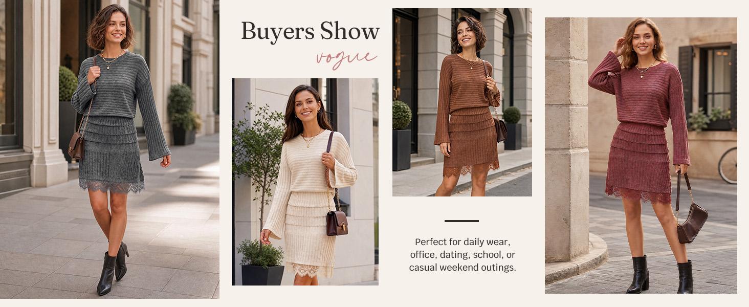 Wenrine Women's Pullover Crew Neck Long Sleeve Knitted Ribbed A-Line Midi Dress - Elastane Viscose Blend, Lace Hem, Bodycon-Friendly Casual Wear for Fall Winter Holiday Gathering, Do Not Dry Clean
