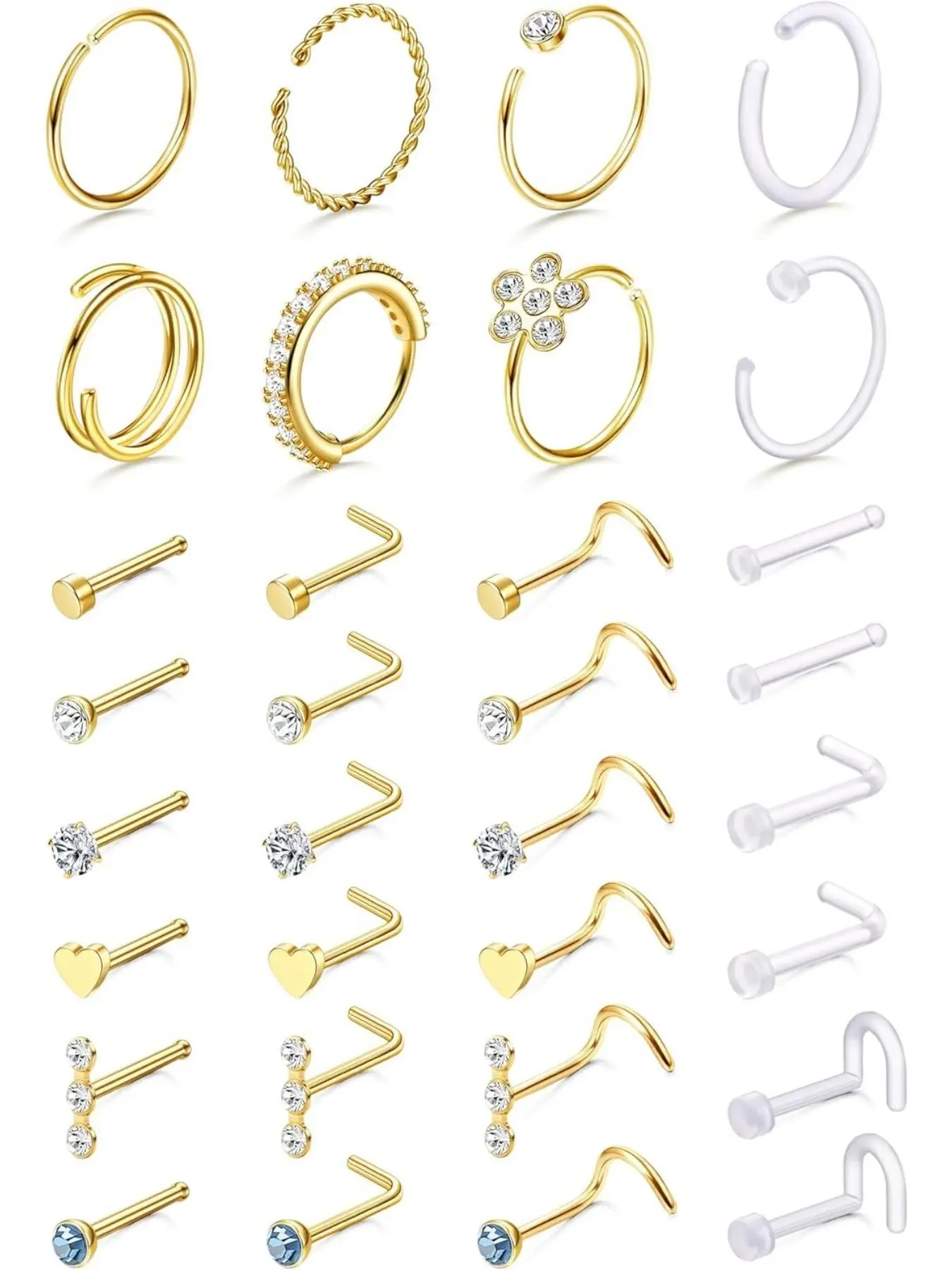 32 Pcs Nose Rings for Women Men, Hypoallergenic Stainless Steel Retainers, Clear L Shape Straight Corkscrew Jewelry 18g 20g Nose Piercing Jewelry