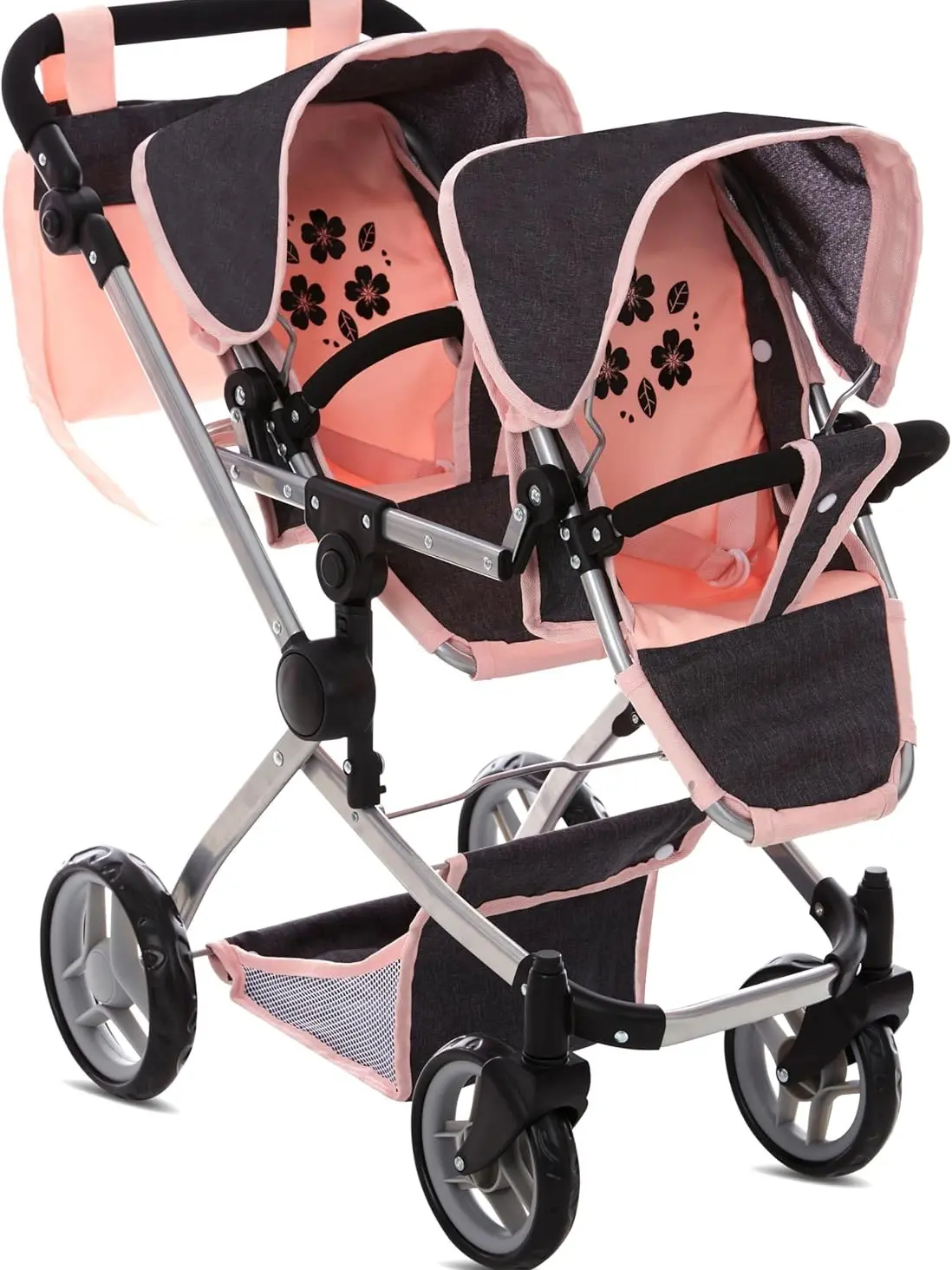 Dolls To Play Baby Doll Double Stroller – Convertible Twin Doll Pram Buggy for Girls with Adjustable Handle, Rotating Wheels, Storage Basket & Diaper Bag – Pink Pretend Play Stroller for Ages 3+