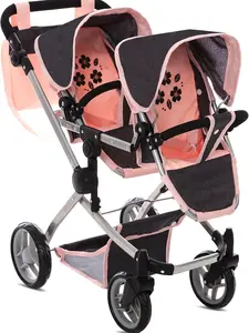 Dolls To Play Baby Doll Double Stroller – Convertible Twin Doll Pram Buggy for Girls with Adjustable Handle, Rotating Wheels, Storage Basket & Diaper Bag – Pink Pretend Play Stroller for Ages 3+