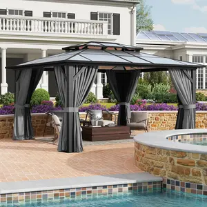 12’x14’ Hardtop Gazebo with Double Polycarbonate Roof Outdoor Metal Gazebo Sturdy Aluminum Frame & Removable Curtains, Netting Permanent Pavilion Pergola for Garden,Patio,Lawn