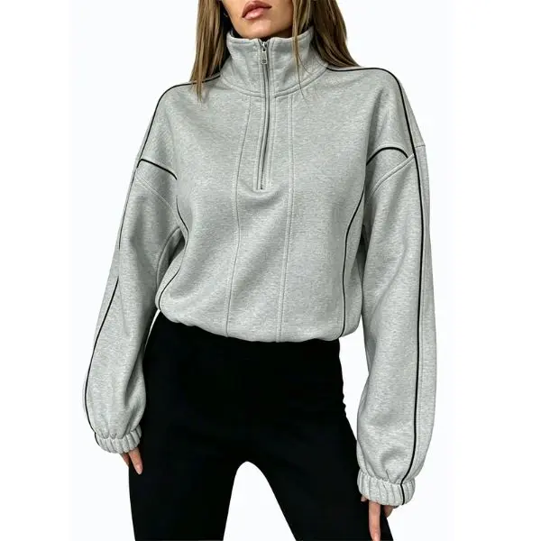 Fisoew Women's Fall Casual Cropped Sweatshirt - Stand Collar, Half-Zip, Contrast Line, Long Sleeve, Oversized Pullover, Essential Basic for Wide Leg Skirts Leg Styling
