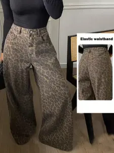Casual Fashion Leopard Print Women's Jeans Wide Leg Long Pants, Non-Elastic Daily Wear, Stylish and Comfortable, Perfect for Everyday Use