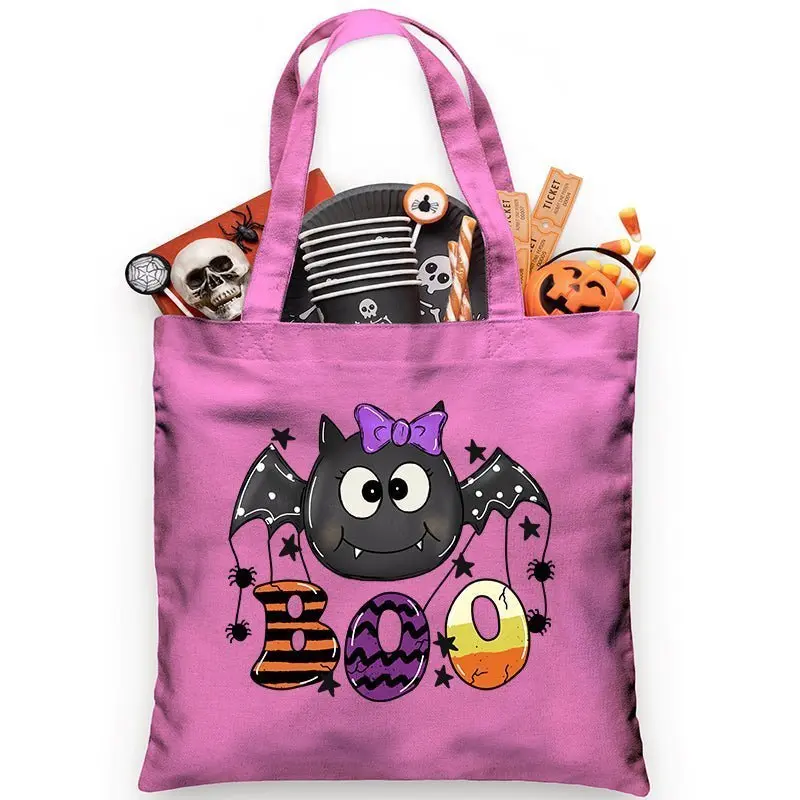 BOO Girl Bat Trick or Treat Bag - Purple Bag with Bat Character, Halloween Theme, Includes Various Halloween Items