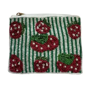 Handmade Coin Beaded Purse with Strawberry Design and Green Stripes