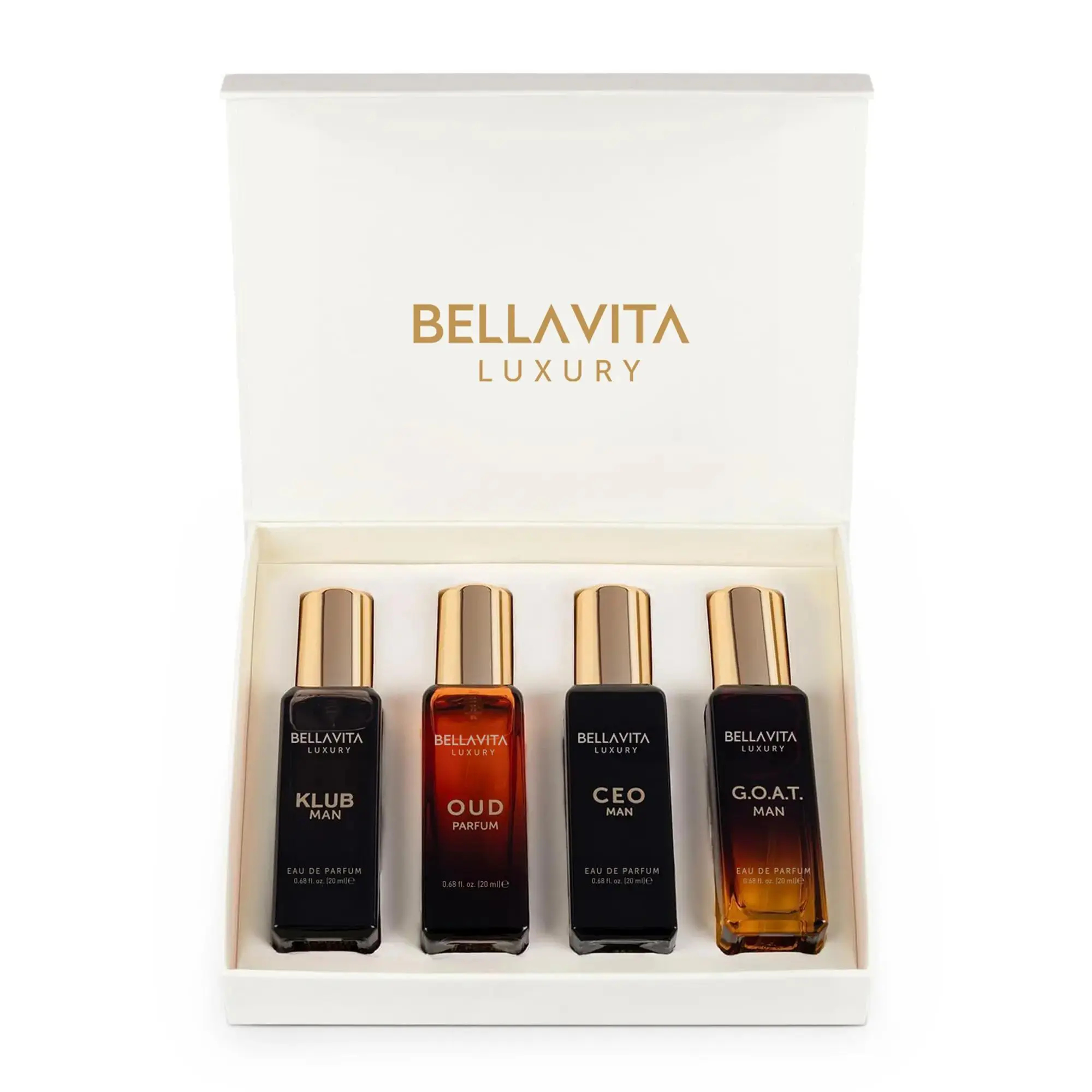 BellaVita Luxury's Perfume Gift Set for Men | 4 Luxury Minis | Long Lasting | G.O.A.T, Oud, CEO Man, Klub Man| Eau De Parfum | Portable Perfume Kit | Perfect Gift for Men
