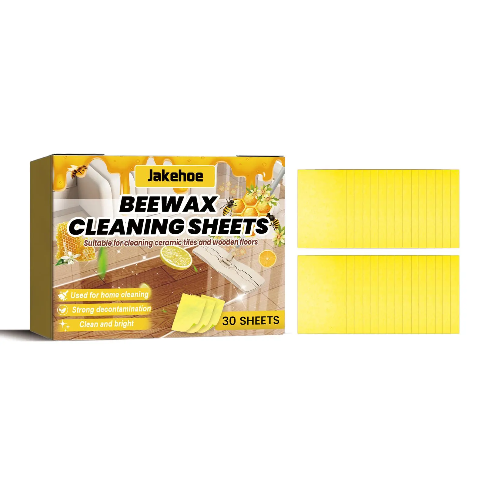 Jakehoe Beeswax Floor Cleaner Sheets, 30 Count Dissolvable Cleaning Sheets for Tile, Sealed Wood & Laminate Floors, Concentrated Formula, Just Add Water & Mop, Fresh Scent