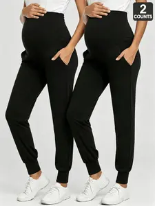 2-piece Set Maternity Cropped Pants with Pockets, Summer Casual Versatile Sports Sweatpants Yoga Pants for Pregnant Women