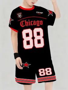 Boys' & Printed Star Set, Casual Fitted Short Sleeve Top & Track Shorts, 2-Piece for Outdoor Activities, Youth Kits