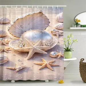 Pearl Shell Bathroom Curtain, Starfish Pearl Pattern Decorative Partition, Fresh Ocean Style Bath Privacy Curtain, Home Bathroom Decoration