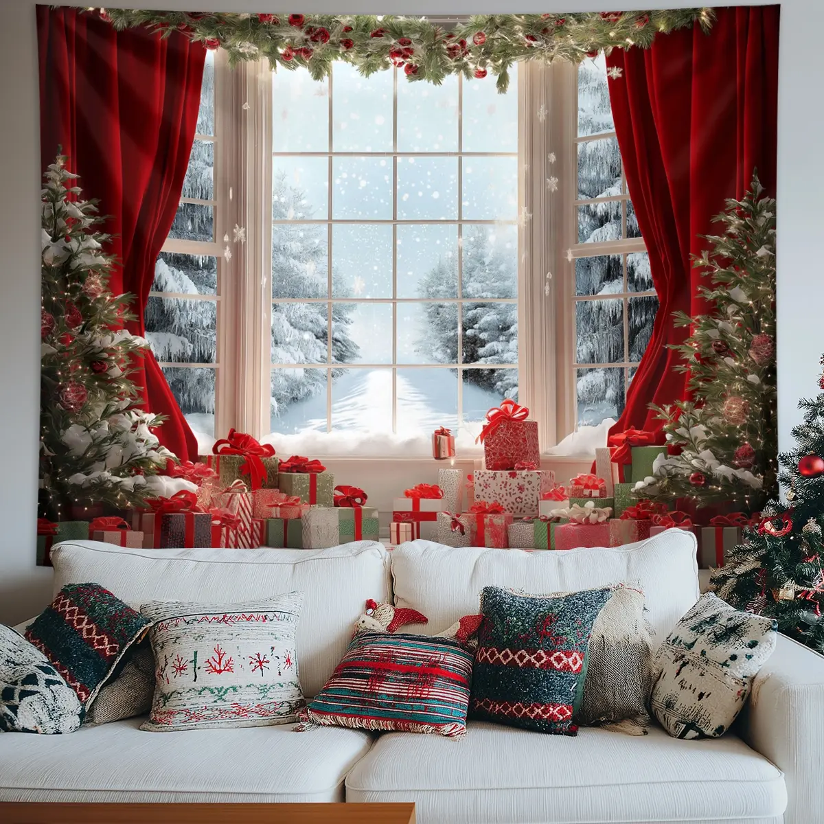 1pc Christmas tapestry, Christmas snow window photography background cloth, Christmas tree background photography props, Christmas gift box background polyester tapestry, New Year photo studio decoration background tapestry