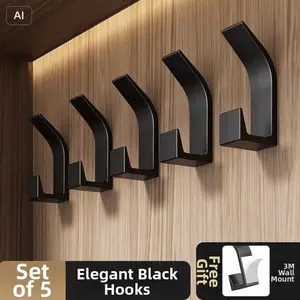 5-Piece No-Drill Hooks Set, Strong Adhesive Backed Hooks, Removable Hooks for Kitchen, Bathroom, Closet, Wall-Mounted Clothes Hangers, Traceless Design