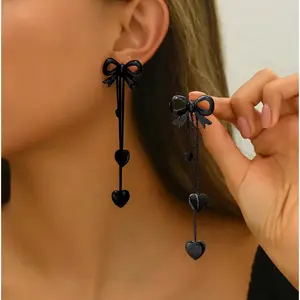Coquette Dangle Earrings for Women, Ribbon Bow with Cascading Heart Charm Tassels, Lightweight Long Drop Statement Jewelry