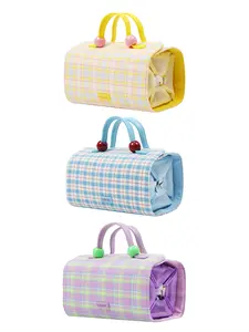 Foldable Travel Makeup Bag, Large Capacity Toiletry Organizer with Compartments, High-Value Plaid Design, Yellow/Blue/Purple 3 Colors, Gift for Her foldable toiletry bag cosmetic organizer birthday gift for women Valentine’s gift best friend gift