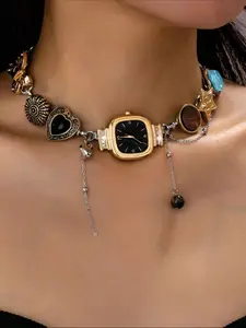 Y2K Style Multi-Element Alloy Necklace with Watch/heart/star/butterfly Charms, Fashionable Charm Necklace for Women, Ideal Valentine's Day Gift, Chain Necklaces