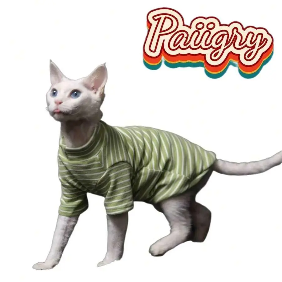 Sphynx Cat 3-Color Striped Classic Homewear Outfit - Small-Medium, S-XXL Cat Shirts & Vests, Winter Fabric, Machine Washable, Easy to Wear, Stylish Pet Clothing