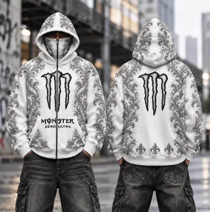 Gothic Baroque White Energy Drink Full Zip Face Cover Hoodie, White Gray Ornamental Print Zip Up Hoodie, Unisex Streetwear Hooded Jacket, All Over Print Sweatshirt