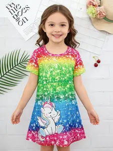 Girls' Cartoon Princess Dress, Lightweight Spring & Fall Party Wear, Easy Care Short Sleeve Fitted Dress, Durable Fabric