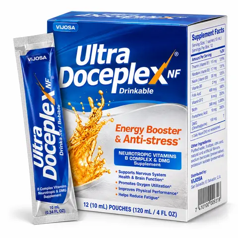 Ultra Doceplex NF Sugar-Free Body Vitamins B Complex + DMG Supplement, Citrus Flavor, 10 mL Drinkable Pouches, 12 Count, Natural Wellness & Metabolic Boost Fitness Support