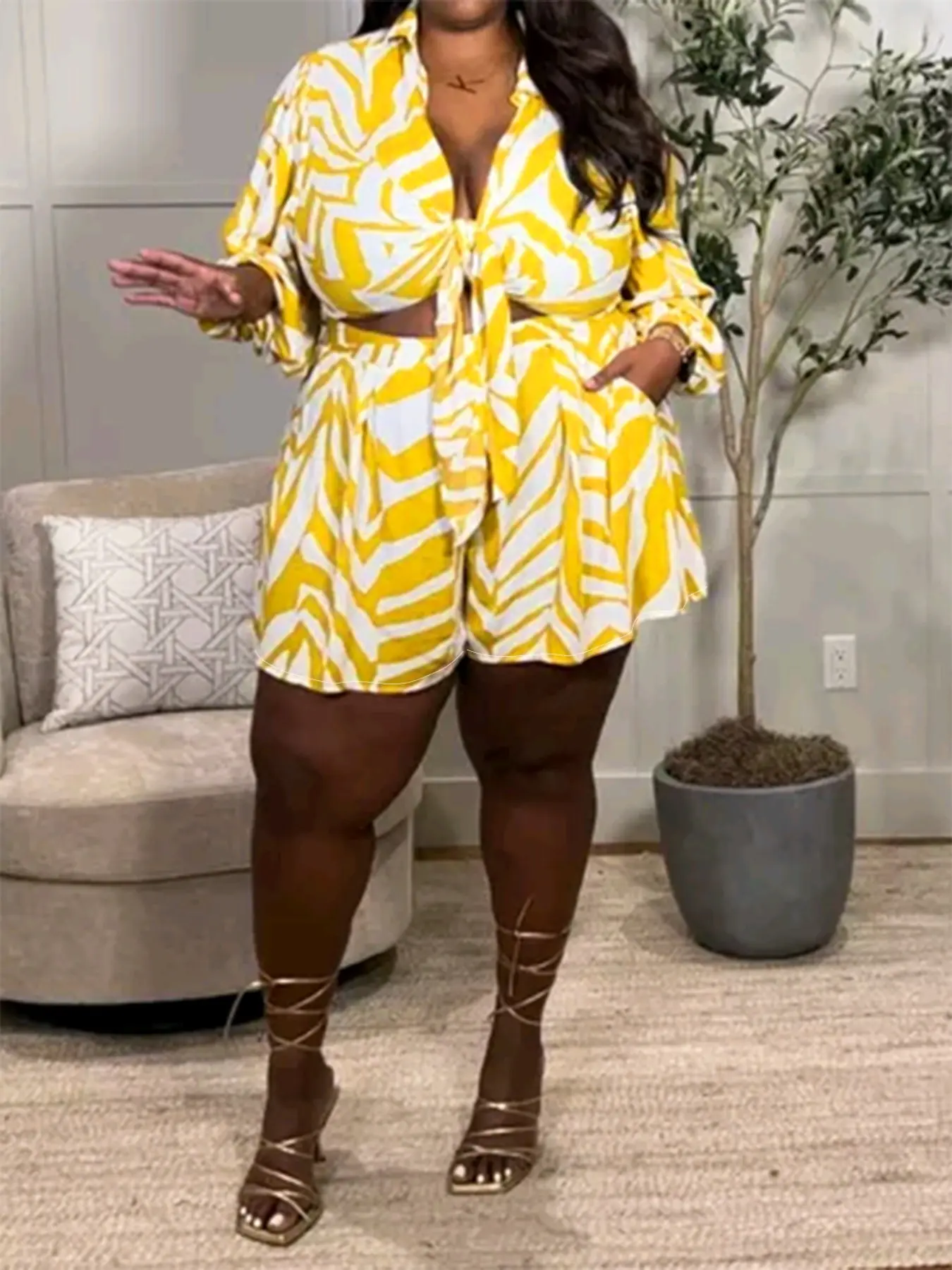 Plus Size Summer Set 2 Piece, Eye-Catching Print, Flowy Shorts with Front Tie Top, Perfect for Vacation, Brunch, Date Night, Fit, Casual Shorts Set, Loose Fit Set, Summer Outfits Set, Womenswear!