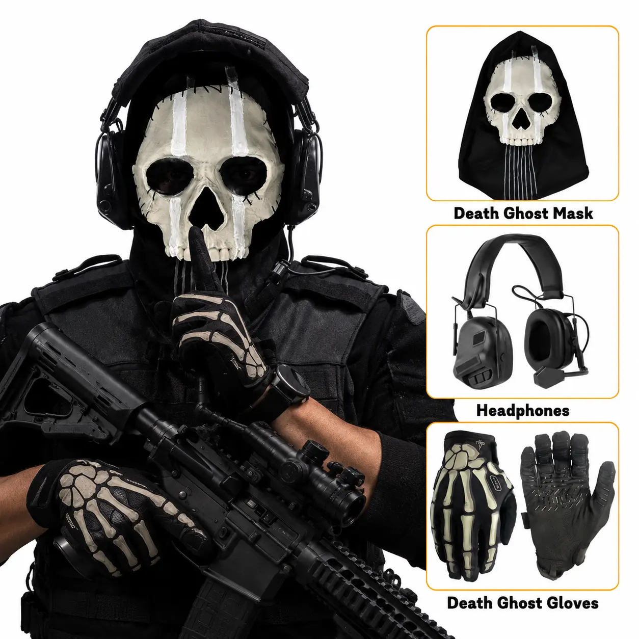 AQzxdc Cod Ghost Mask V2 Set - Tactical Head Mounted Headset - Ghost Gloves Airsoft COD Cosplay Tactical Skull Full Mask