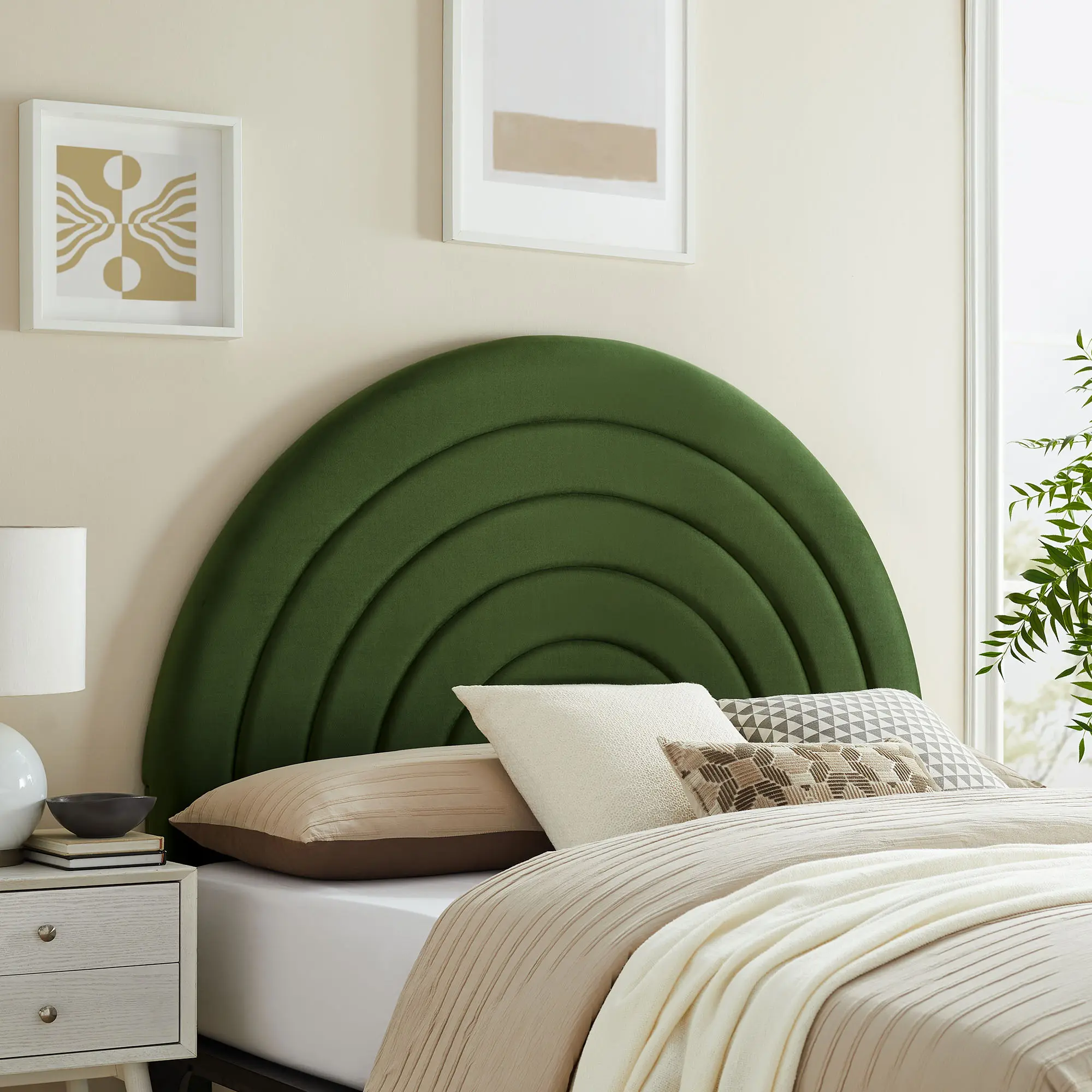 Solana Arched Performance Velvet Queen Upholstered Curved Headboard, Moss Green Unique Bedroom Furniture