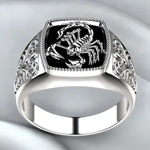 Black electroplated scorpion print ring, wide classic elegant stainless steel ring, men's Valentine's Day gift, anniversary party jewelry gift