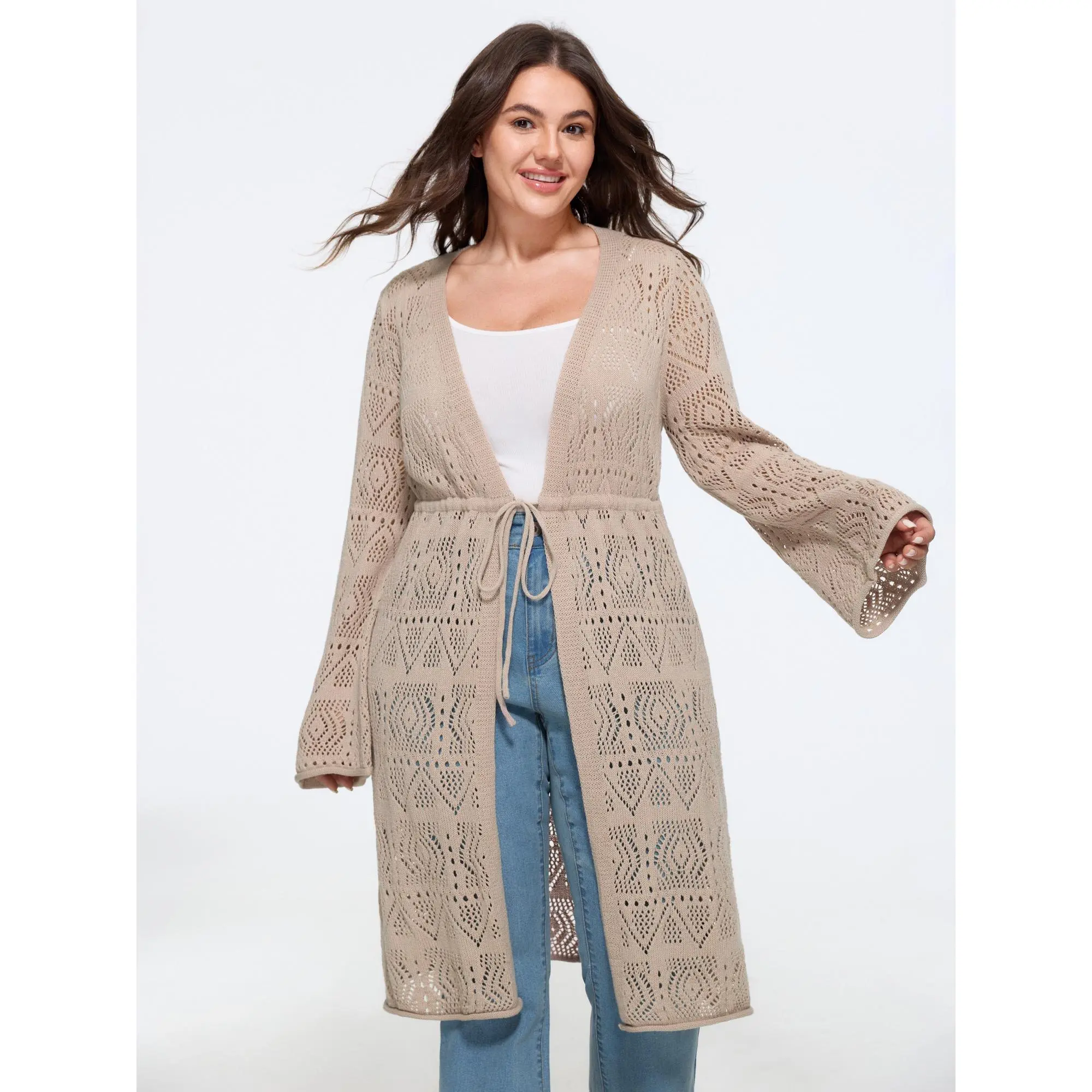 BloomChic Hollow Drawstring Waist Open‑Front Crochet Cardigan 【M-6XL】