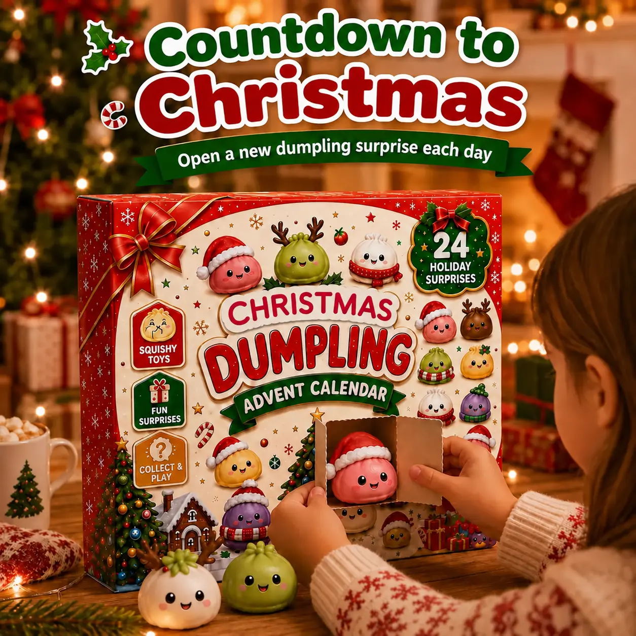 KIDGENIUS 2026 24-Day Advent Calendar - Squishies Toys with Mini Dumpling Squishy, Glitter Squeeze Stress Relief Toys, Reindeer/Santa Designs, Unisex Kids Holiday Countdown Gift