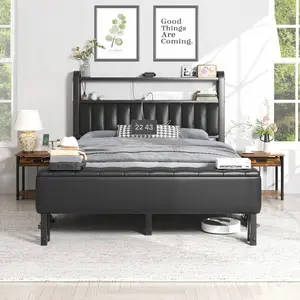 Starry Sky Lamp Design Bed Frame With Cushioned Ottoman, Charging Station, Heavy Duty Feet, Easy To Assemble